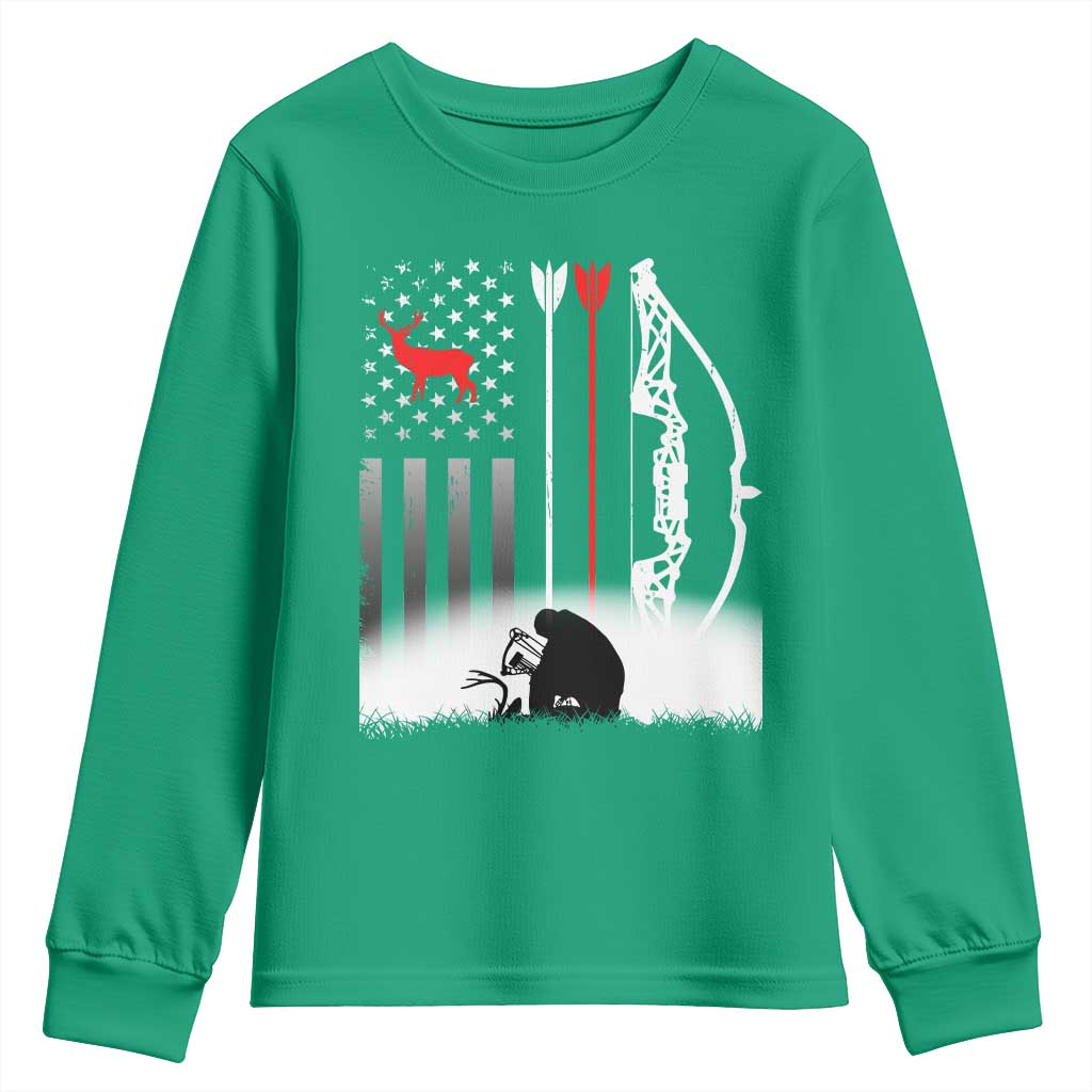 Bow Deer Hunting Youth Sweatshirt American Flag Hunter Gift - Wonder Print Shop