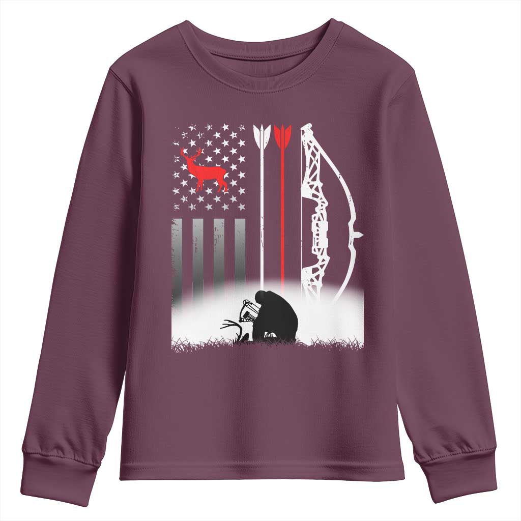 Bow Deer Hunting Youth Sweatshirt American Flag Hunter Gift - Wonder Print Shop