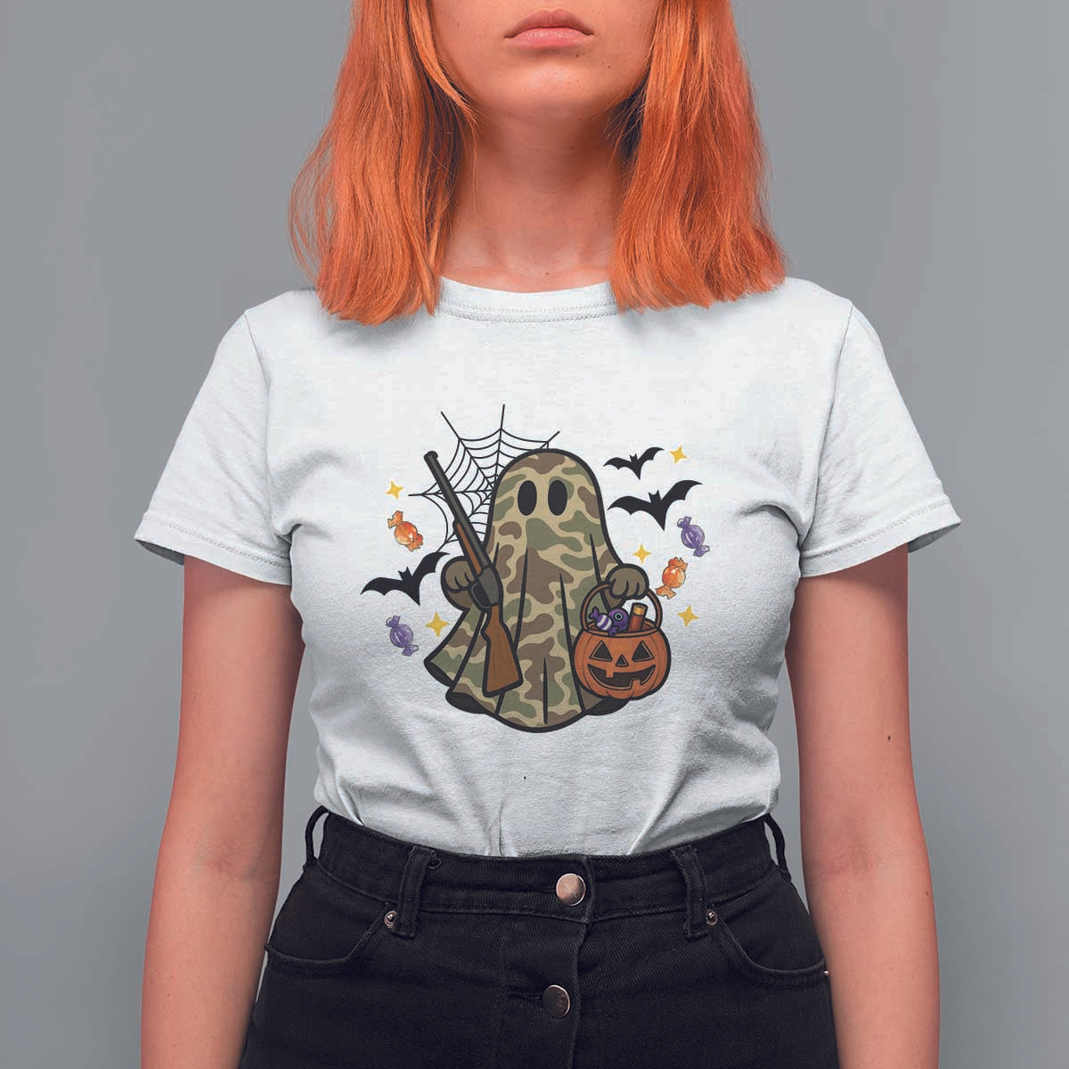 Funny Camo Hunter Halloween Ghost Costume T Shirt For Women - Wonder Print Shop
