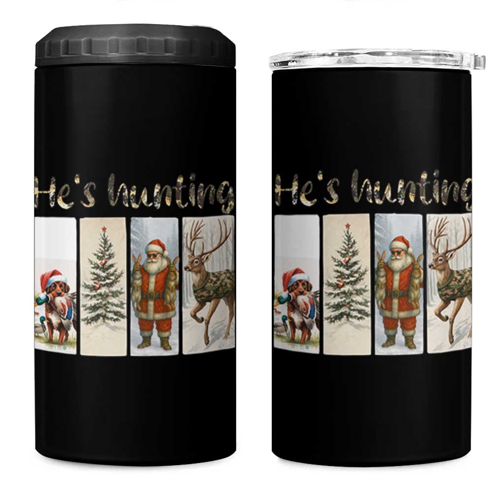 Santa Funny Christmas Hunter Look 4 in 1 Can Cooler Tumbler He Is Hunting