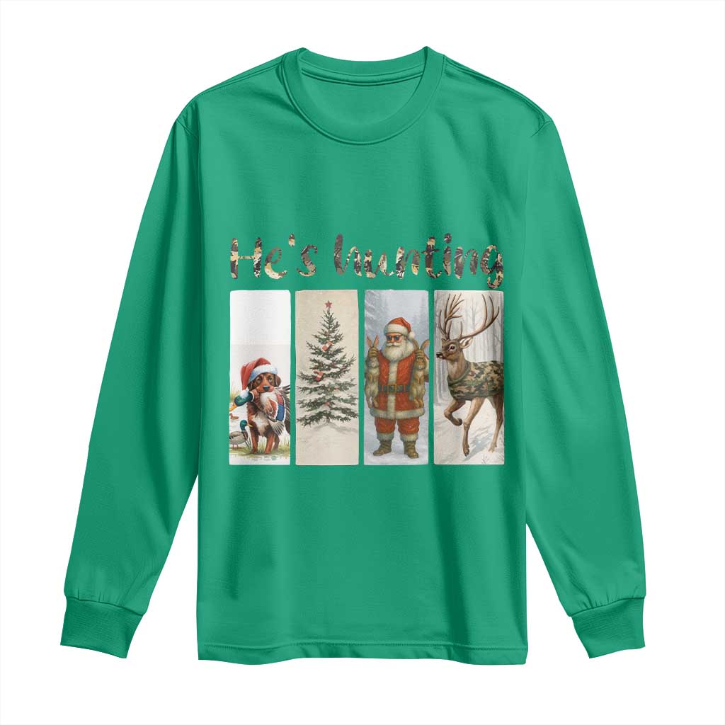Santa Funny Christmas Hunter Look Long Sleeve Shirt He Is Hunting - Wonder Print Shop
