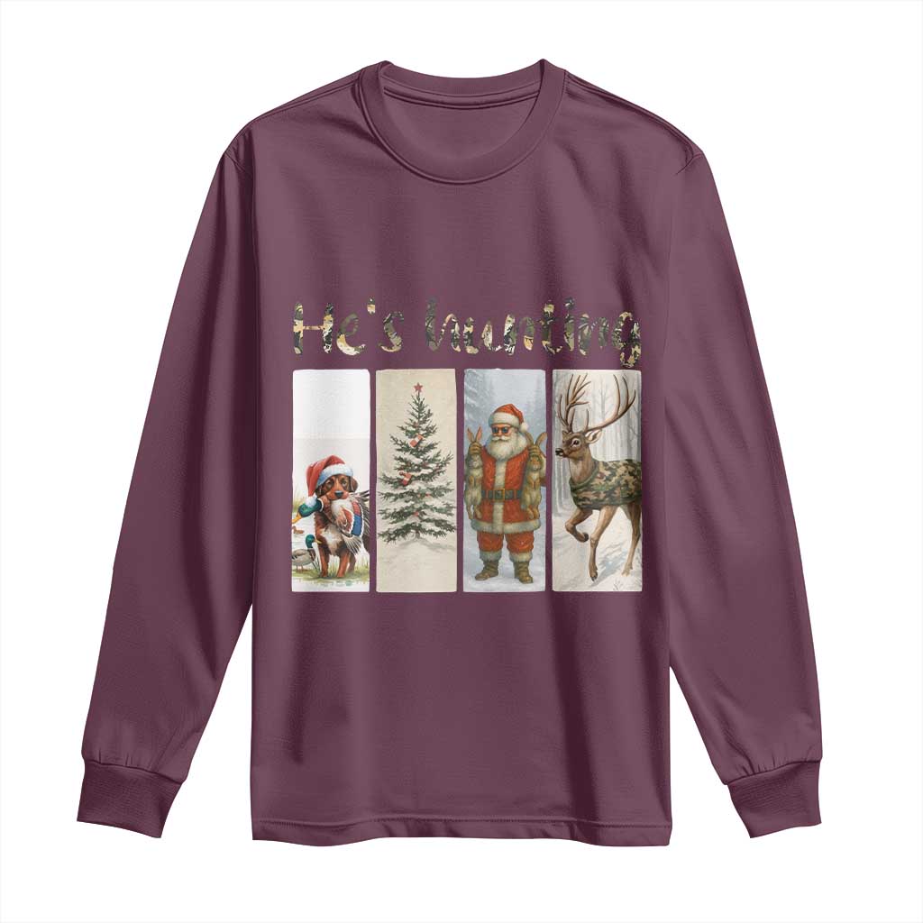 Santa Funny Christmas Hunter Look Long Sleeve Shirt He Is Hunting - Wonder Print Shop