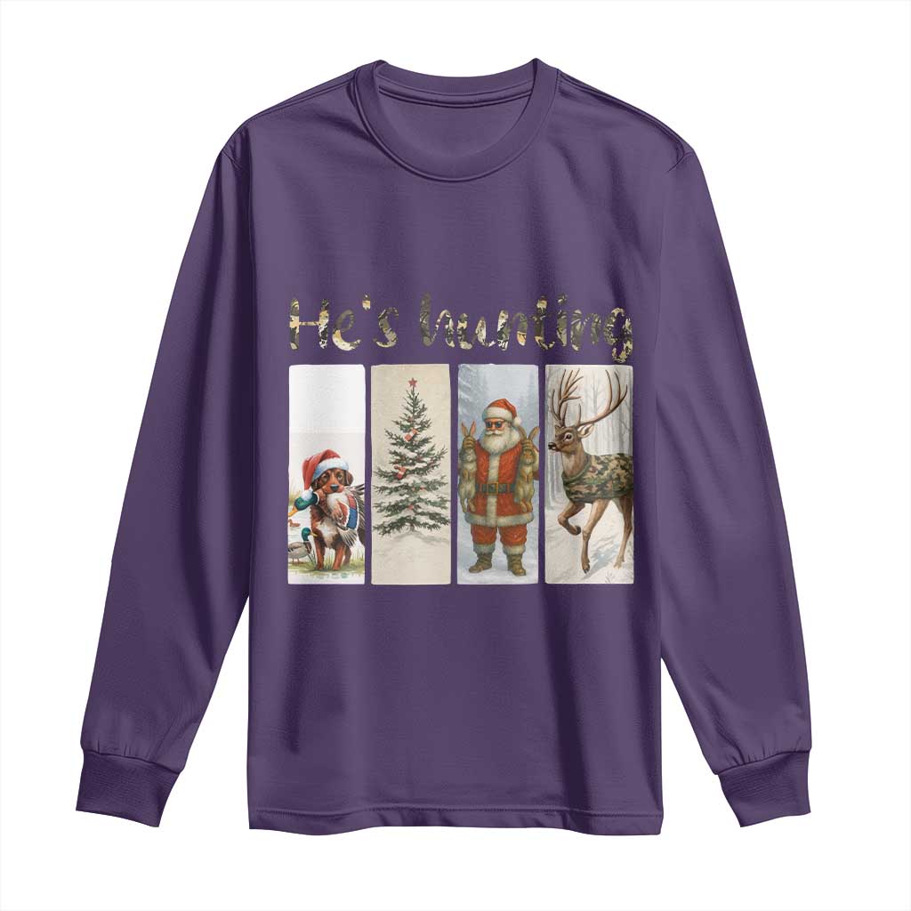 Santa Funny Christmas Hunter Look Long Sleeve Shirt He Is Hunting - Wonder Print Shop