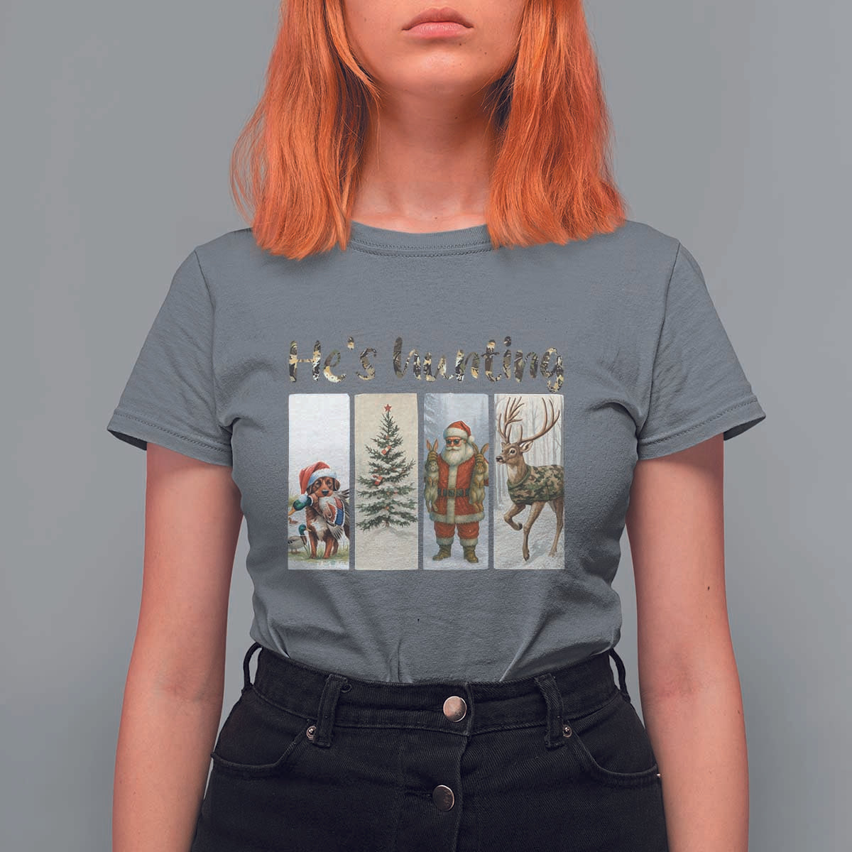 Santa Funny Christmas Hunter Look T Shirt For Women He Is Hunting - Wonder Print Shop