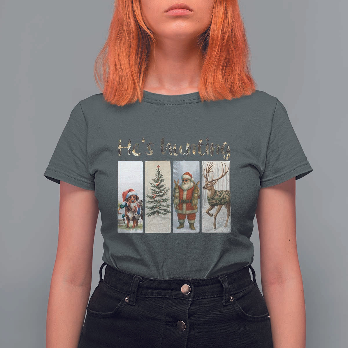 Santa Funny Christmas Hunter Look T Shirt For Women He Is Hunting - Wonder Print Shop