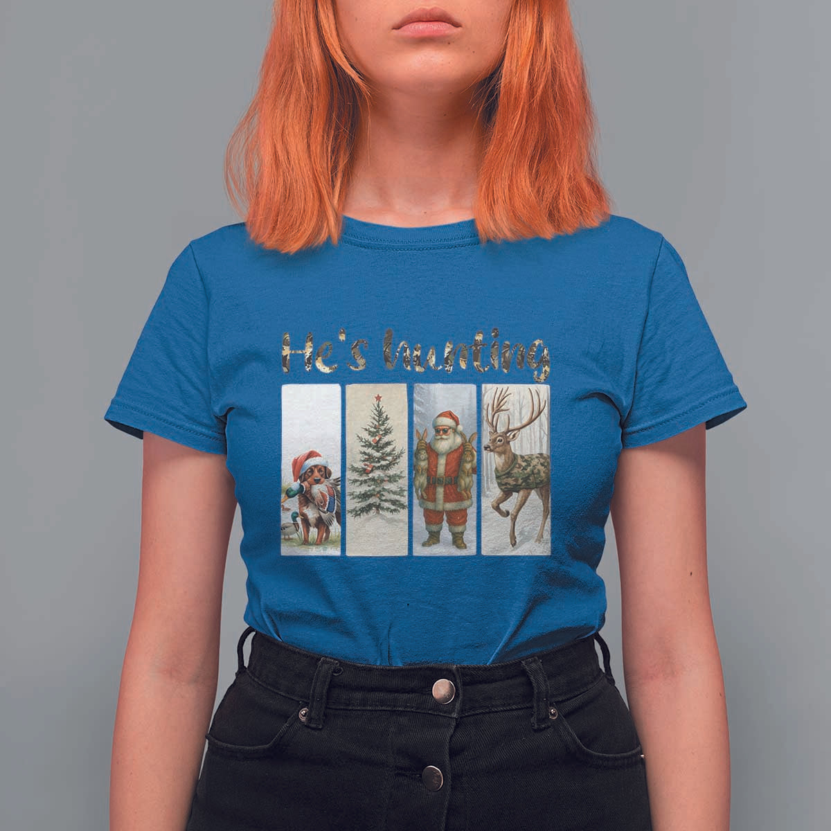 Santa Funny Christmas Hunter Look T Shirt For Women He Is Hunting - Wonder Print Shop