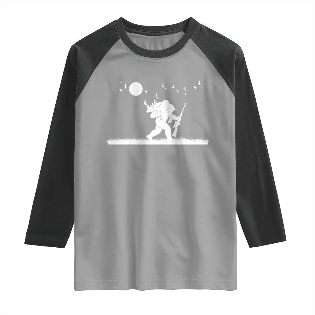 Sasquatch Hunter With Rifle Raglan Shirt Funny Bigfoot Outdoor Design - Wonder Print Shop