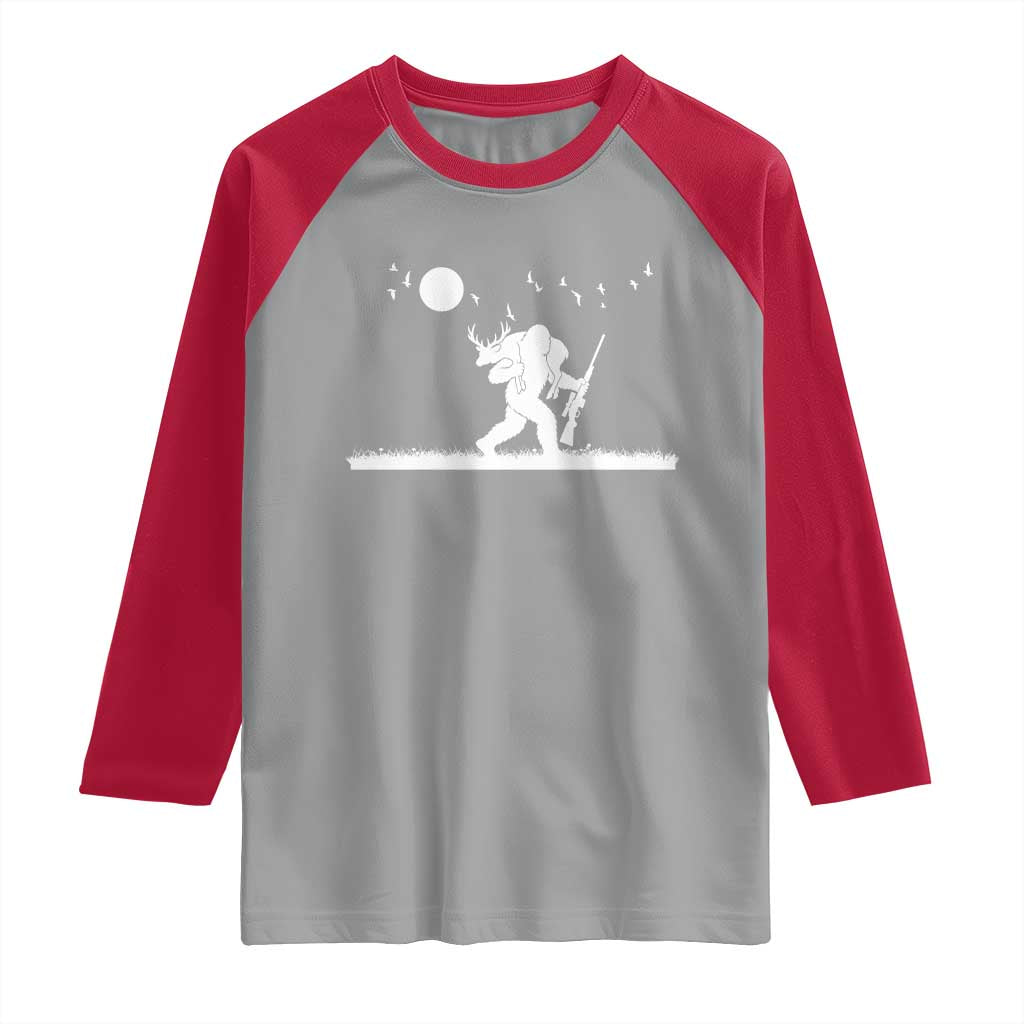 Sasquatch Hunter With Rifle Raglan Shirt Funny Bigfoot Outdoor Design - Wonder Print Shop