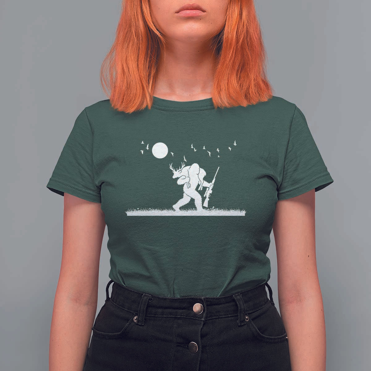 Sasquatch Hunter With Rifle T Shirt For Women Funny Bigfoot Outdoor Design - Wonder Print Shop