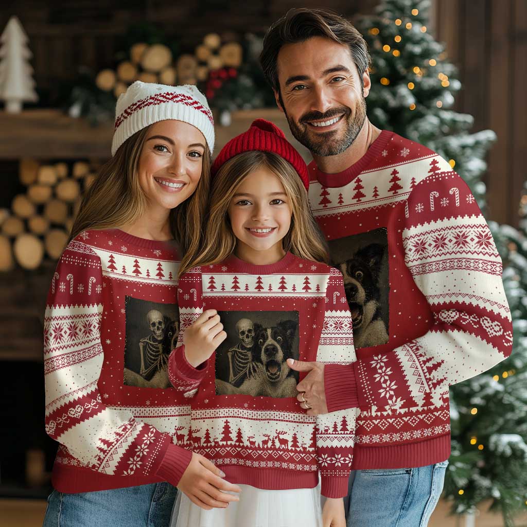 Funny Skeleton Selfie With Border Collie Ugly Christmas Sweater Halloween Spooky Dog Lover Gift