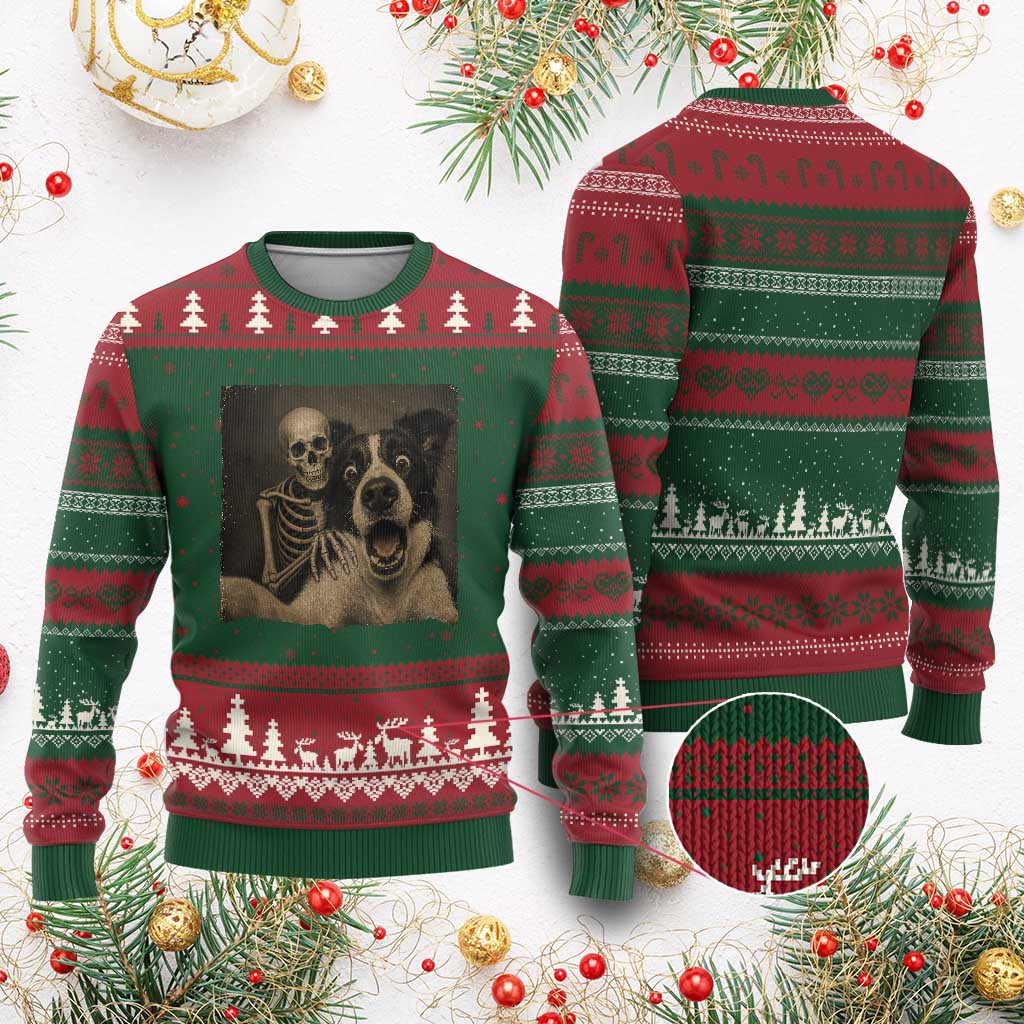 Funny Skeleton Selfie With Border Collie Ugly Christmas Sweater Halloween Spooky Dog Lover Gift
