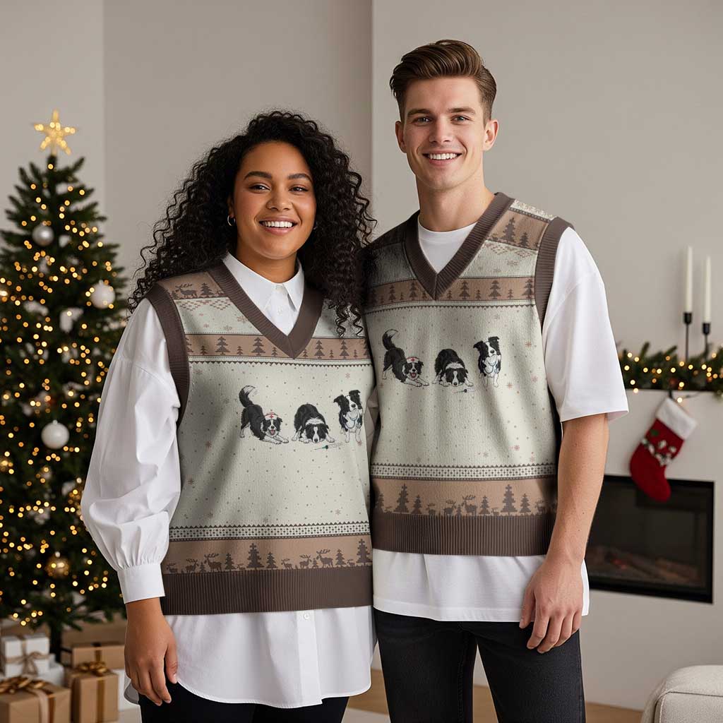Funny Border Collie Nurse Vet Tech V-Neck Knit Sweater Vest Dog Lover Medical Worker Gift