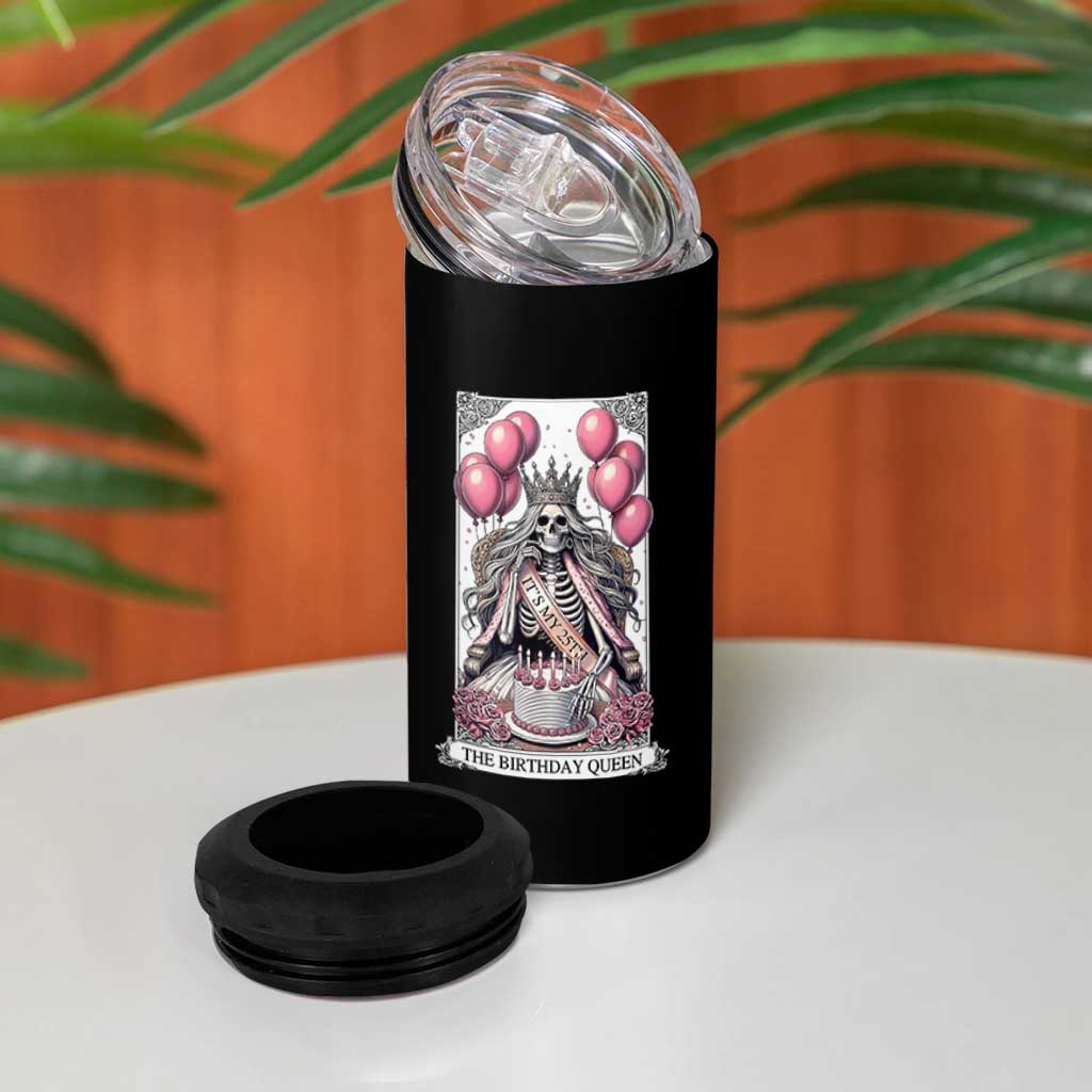 Funny 25th Birthday Queen Tarot Card 4 in 1 Can Cooler Tumbler Gothic Skeleton Dark Humor Gift