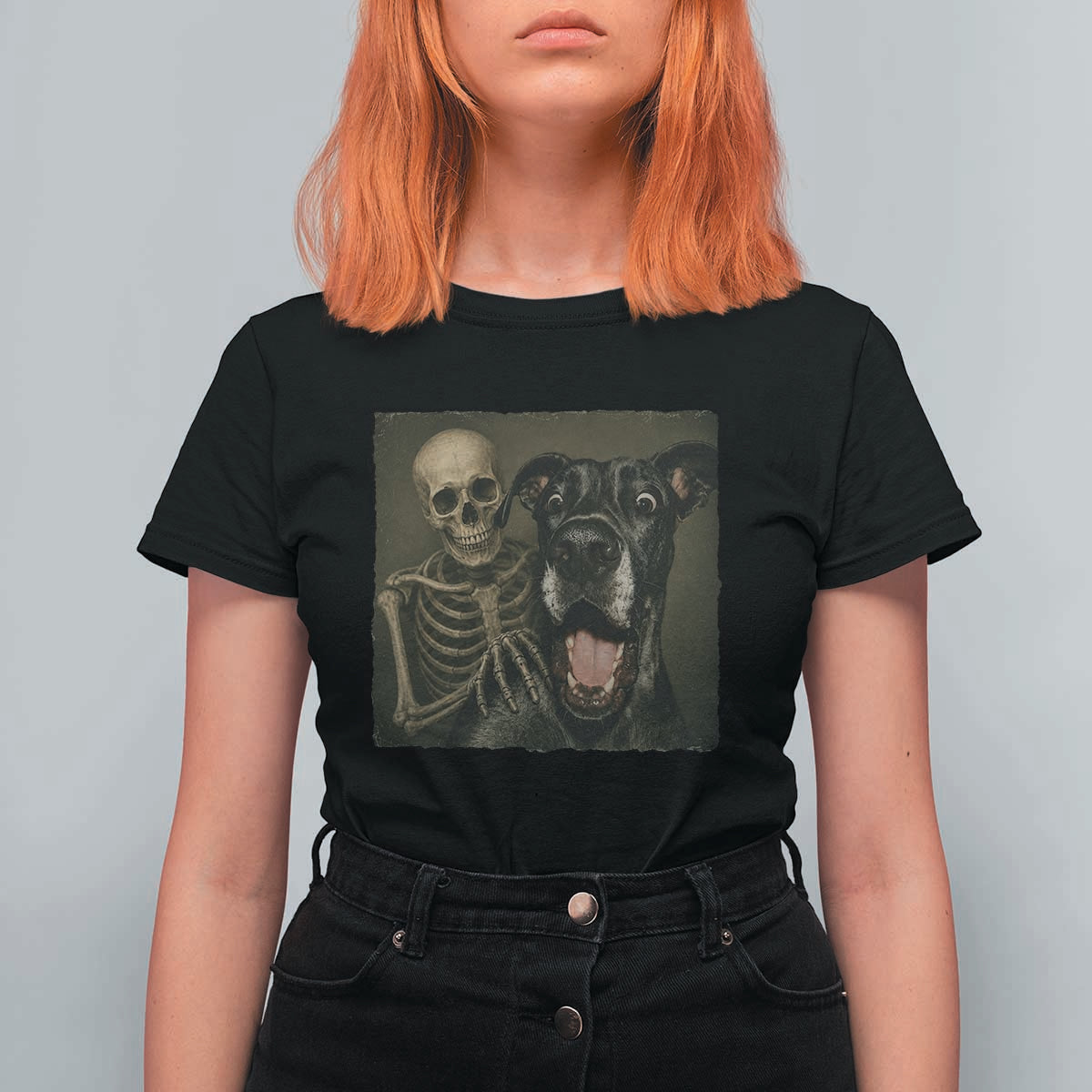 Funny Skeleton Selfie With Great Dane T Shirt For Women Halloween Spooky Dog Lover Gift