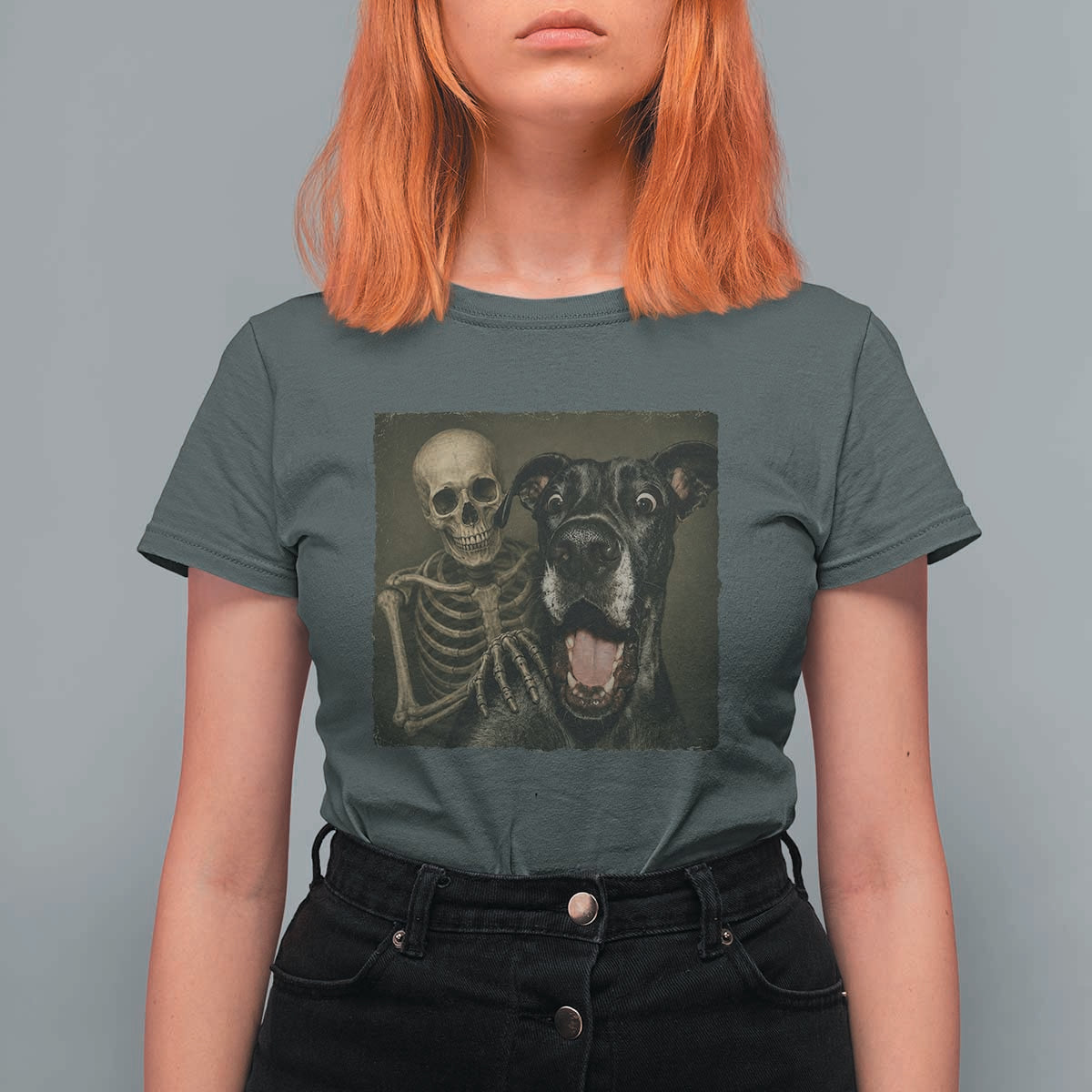 Funny Skeleton Selfie With Great Dane T Shirt For Women Halloween Spooky Dog Lover Gift