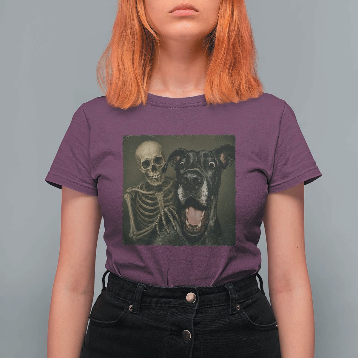 Funny Skeleton Selfie With Great Dane T Shirt For Women Halloween Spooky Dog Lover Gift