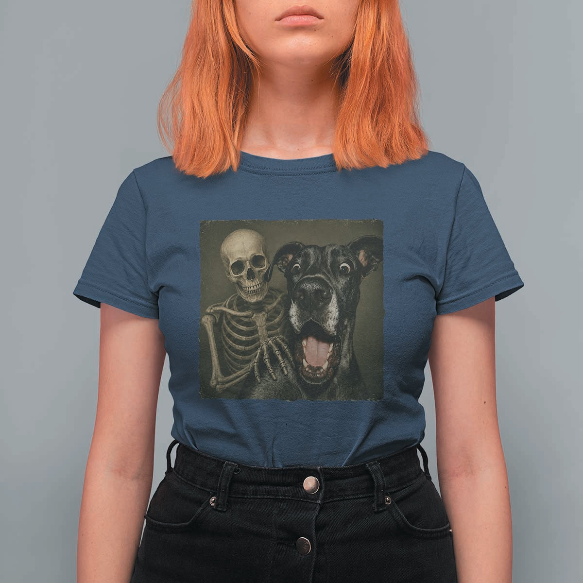 Funny Skeleton Selfie With Great Dane T Shirt For Women Halloween Spooky Dog Lover Gift
