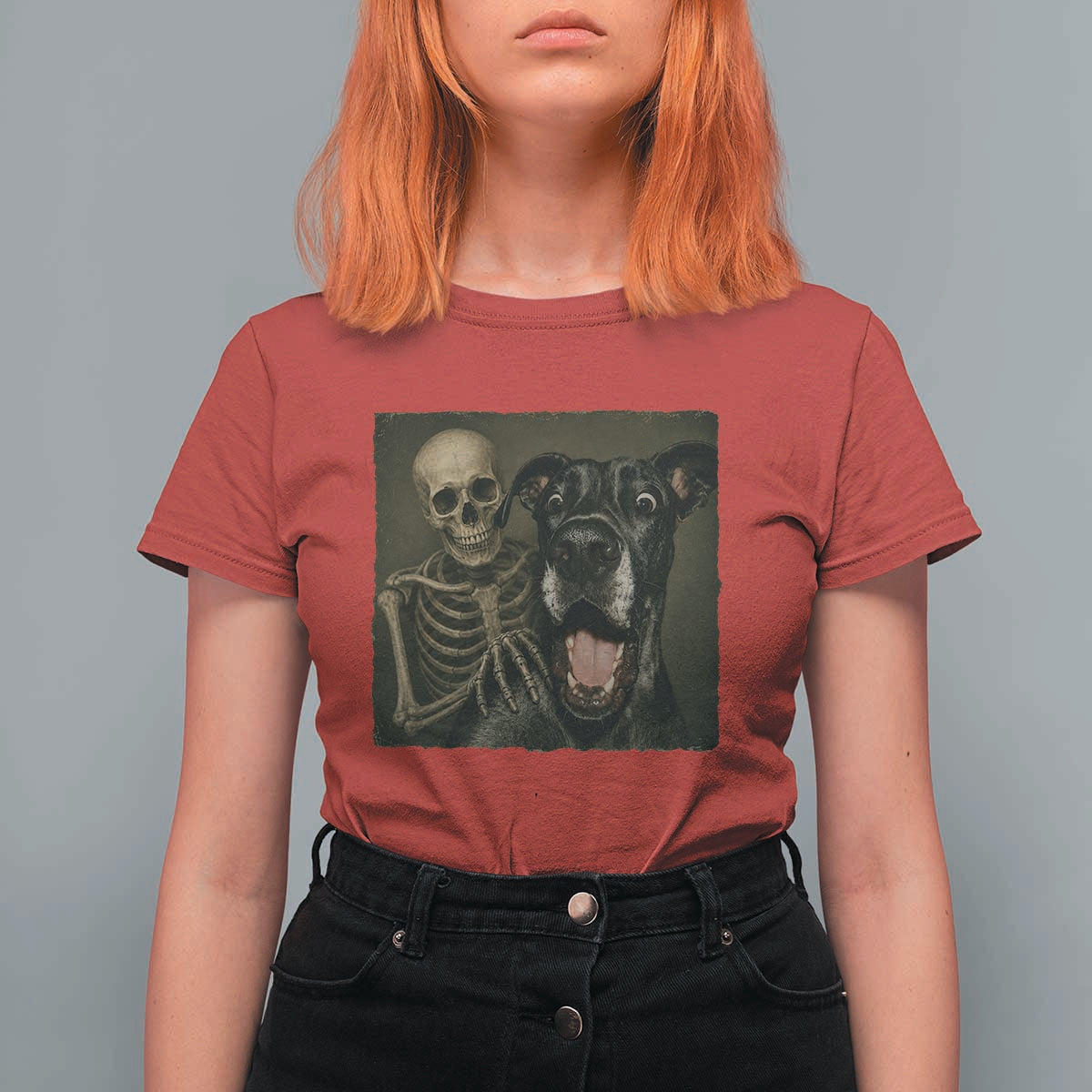 Funny Skeleton Selfie With Great Dane T Shirt For Women Halloween Spooky Dog Lover Gift
