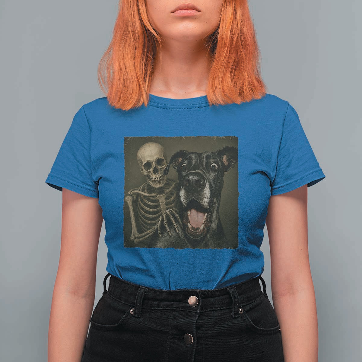 Funny Skeleton Selfie With Great Dane T Shirt For Women Halloween Spooky Dog Lover Gift
