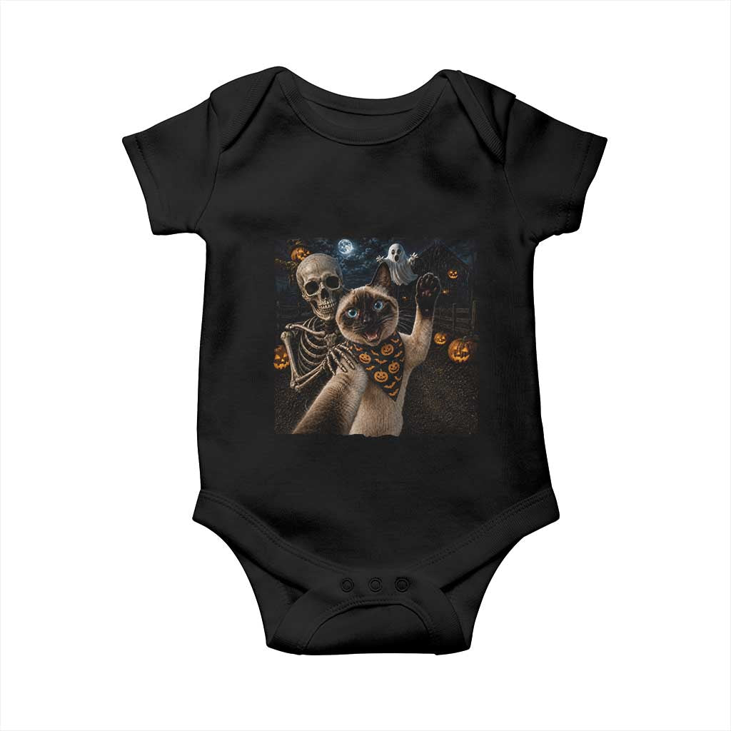 Funny Skeleton Selfie Siamese Cat Baby Onesie Halloween Spooky Cat Lover Gift