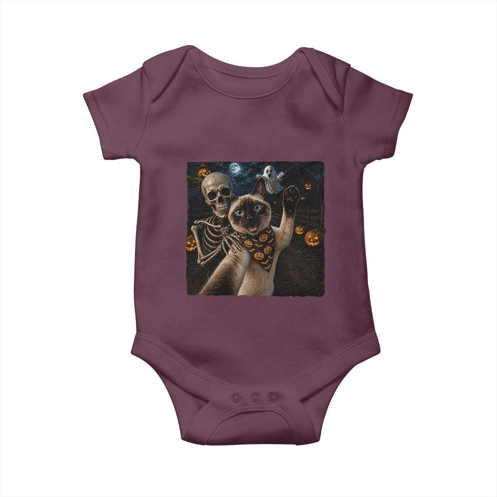 Funny Skeleton Selfie Siamese Cat Baby Onesie Halloween Spooky Cat Lover Gift
