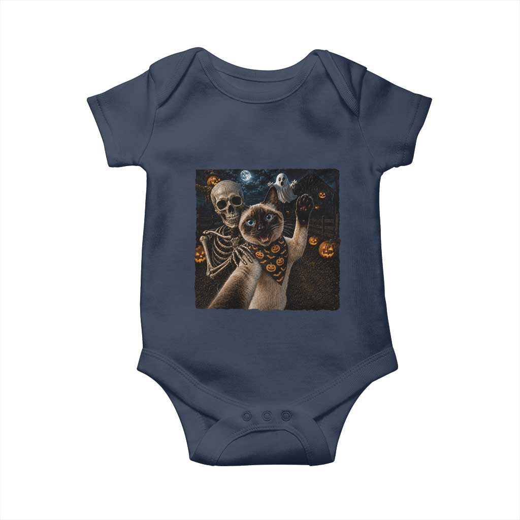 Funny Skeleton Selfie Siamese Cat Baby Onesie Halloween Spooky Cat Lover Gift