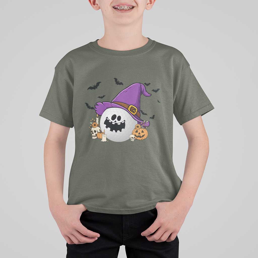 Halloween Golfer Gift T Shirt For Kid Creepy Golf Ball With Witch Hat - Wonder Print Shop