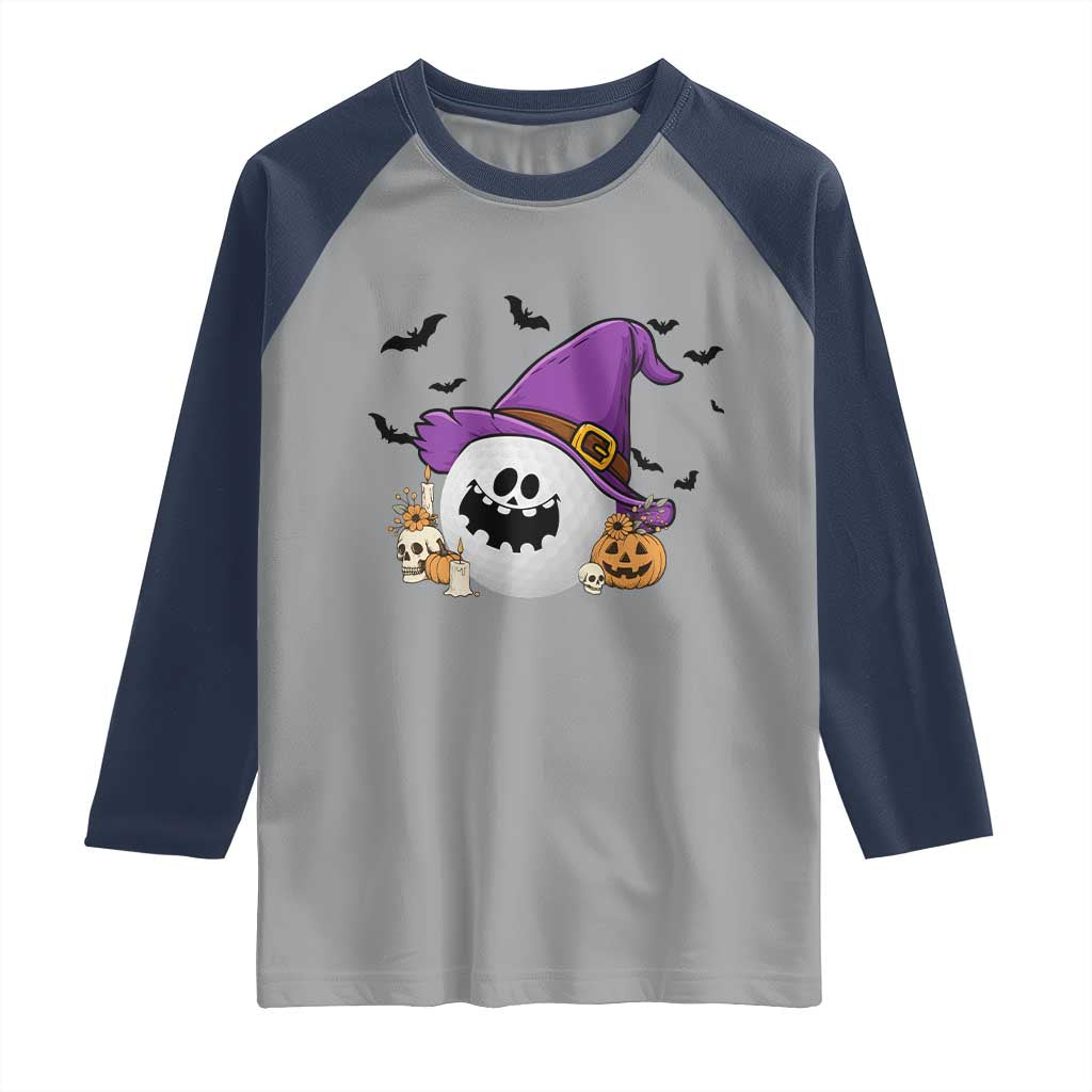 Halloween Golfer Gift Raglan Shirt Creepy Golf Ball With Witch Hat - Wonder Print Shop