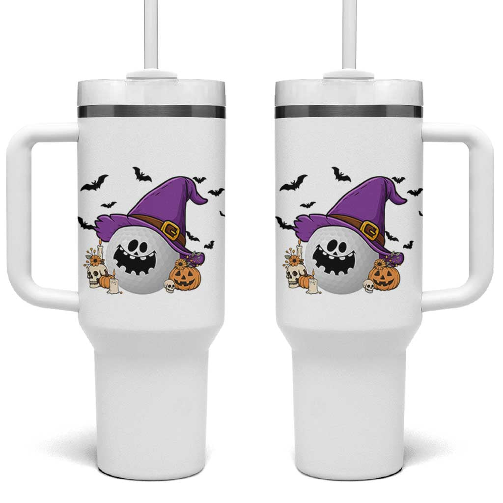 Halloween Golfer Gift Tumbler With Handle Creepy Golf Ball With Witch Hat