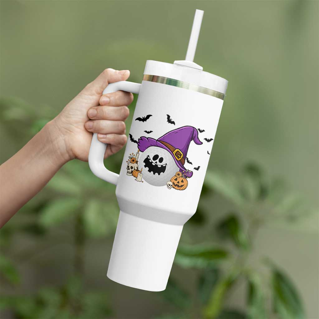 Halloween Golfer Gift Tumbler With Handle Creepy Golf Ball With Witch Hat