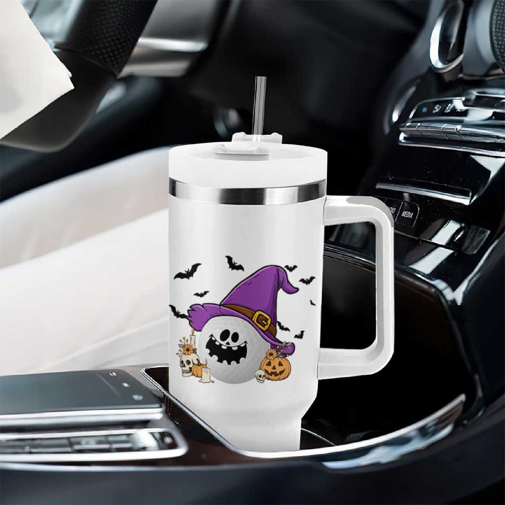 Halloween Golfer Gift Tumbler With Handle Creepy Golf Ball With Witch Hat