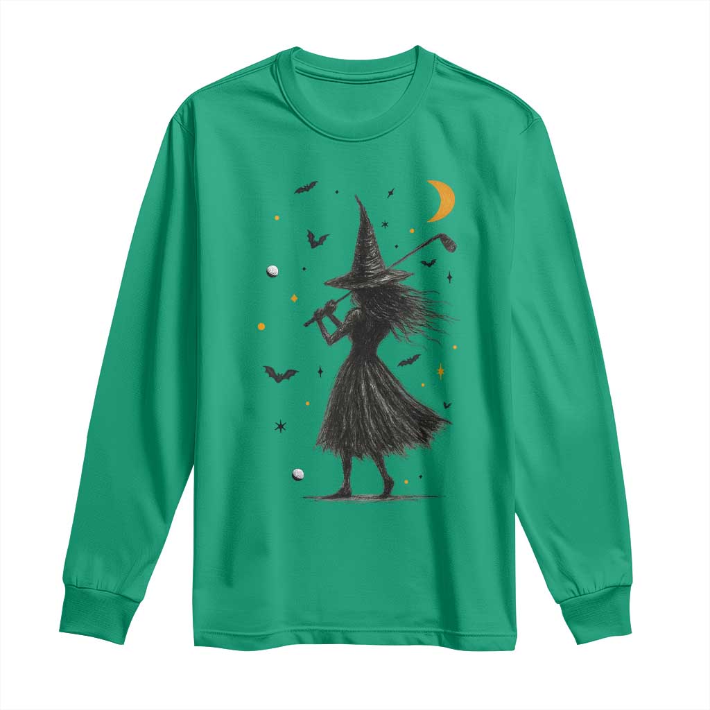 Halloween Sports Gift Long Sleeve Shirt Creepy Witch With Golf Club - Wonder Print Shop