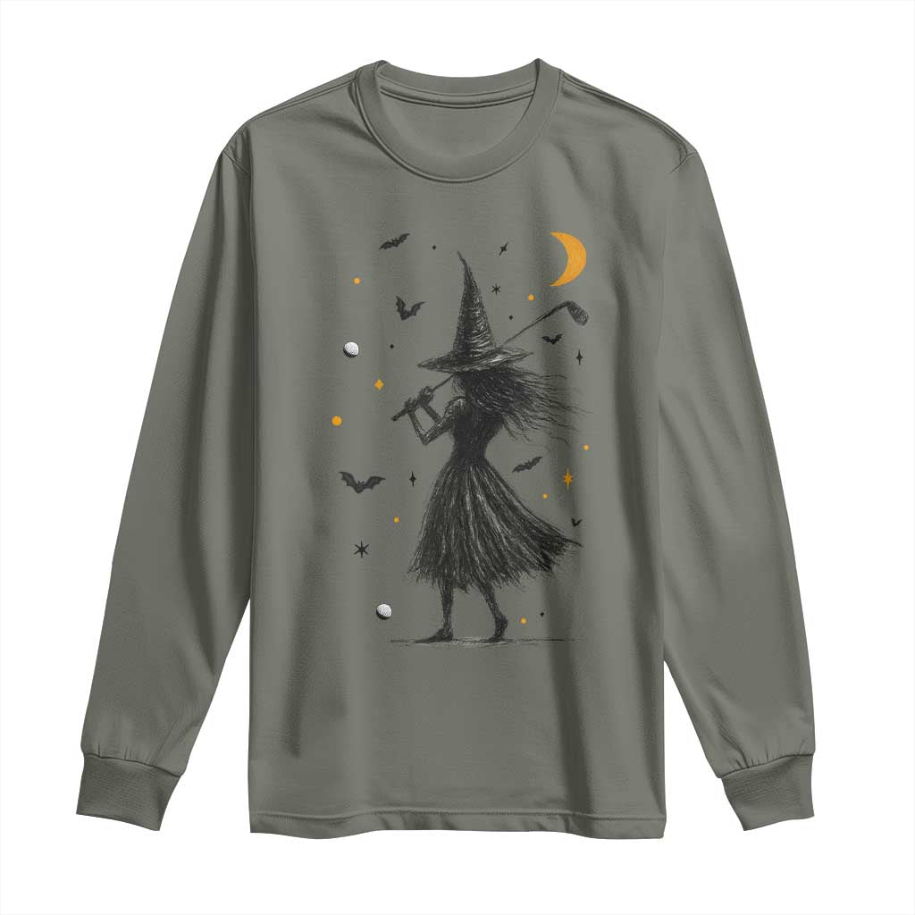 Halloween Sports Gift Long Sleeve Shirt Creepy Witch With Golf Club - Wonder Print Shop