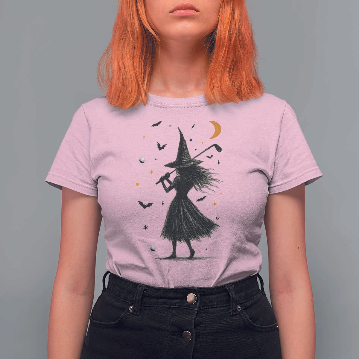 Halloween Sports Gift T Shirt For Women Creepy Witch With Golf Club - Wonder Print Shop
