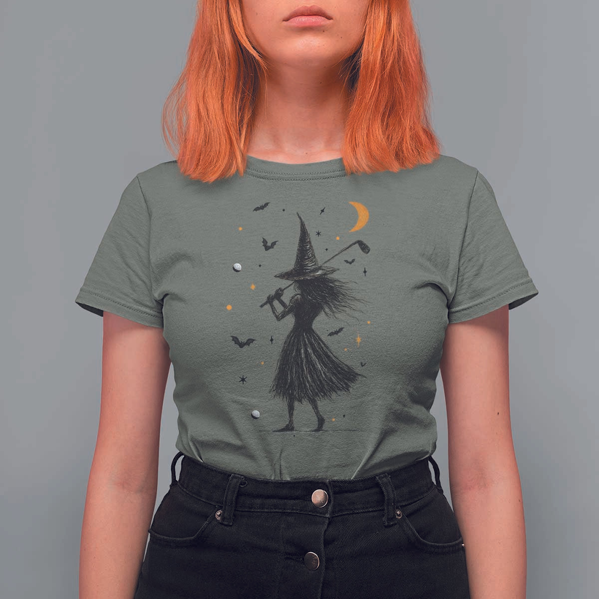 Halloween Sports Gift T Shirt For Women Creepy Witch With Golf Club - Wonder Print Shop