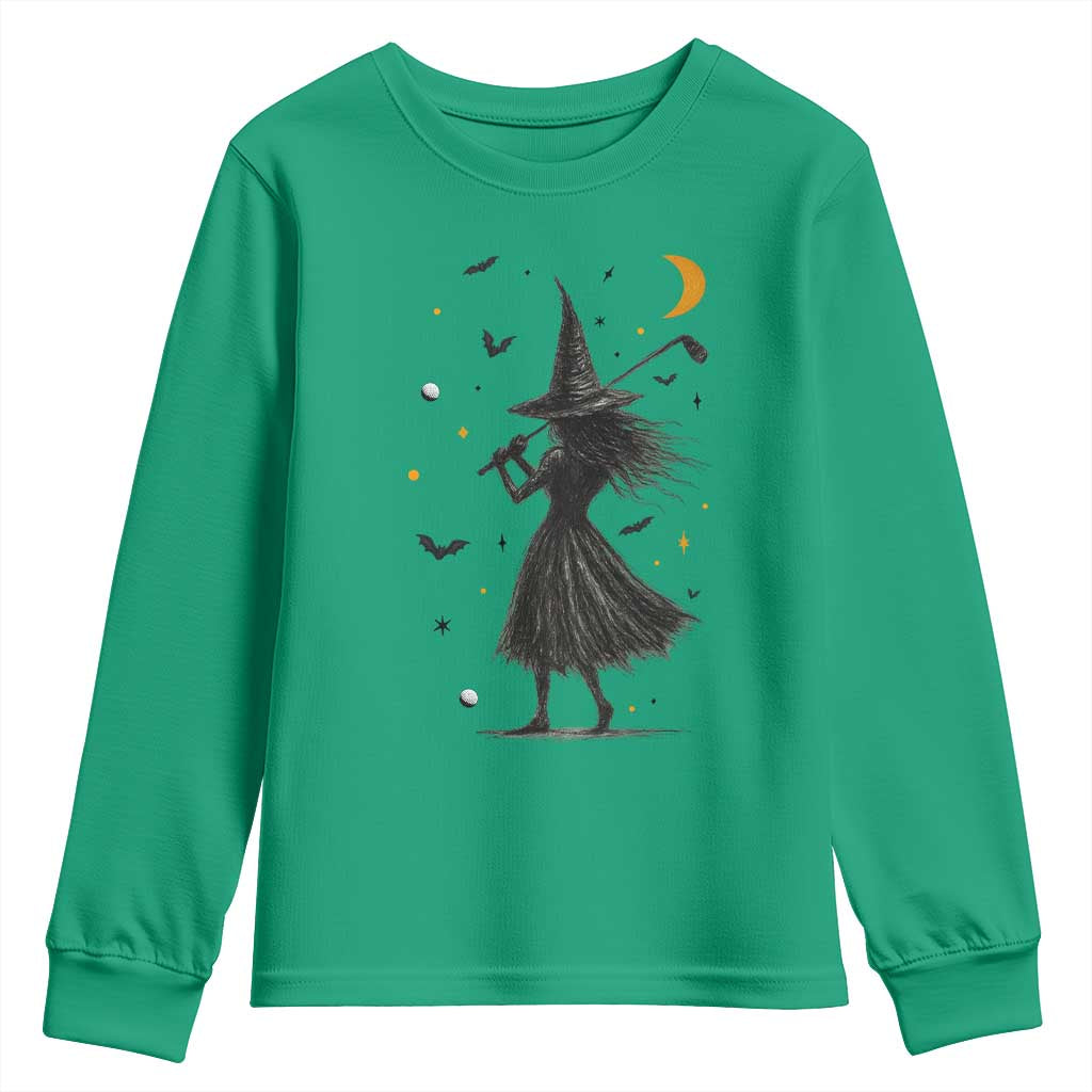 Halloween Sports Gift Youth Sweatshirt Creepy Witch With Golf Club - Wonder Print Shop
