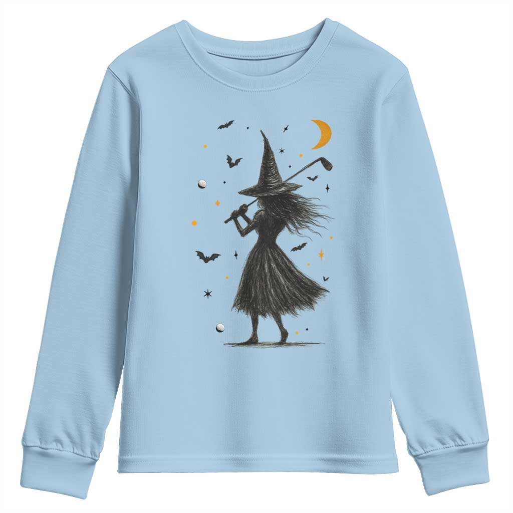 Halloween Sports Gift Youth Sweatshirt Creepy Witch With Golf Club - Wonder Print Shop