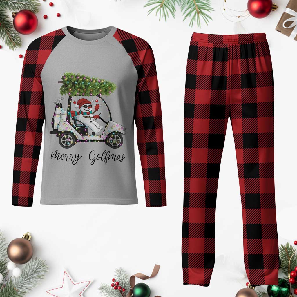 Funny Xmas Golf Plaid Pajama Set Snowman Driving Golf Cart Merry Golfmas - Wonder Print Shop