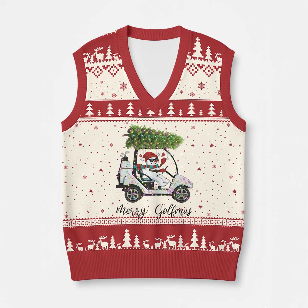 Funny Xmas Golf V-Neck Knit Sweater Vest Snowman Driving Golf Cart Merry Golfmas - Wonder Print Shop