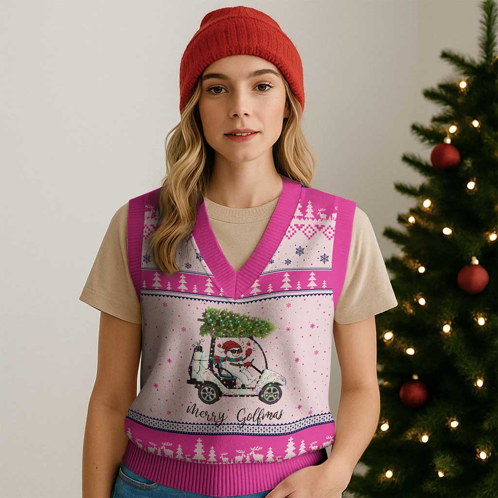 Funny Xmas Golf V-Neck Knit Sweater Vest Snowman Driving Golf Cart Merry Golfmas - Wonder Print Shop