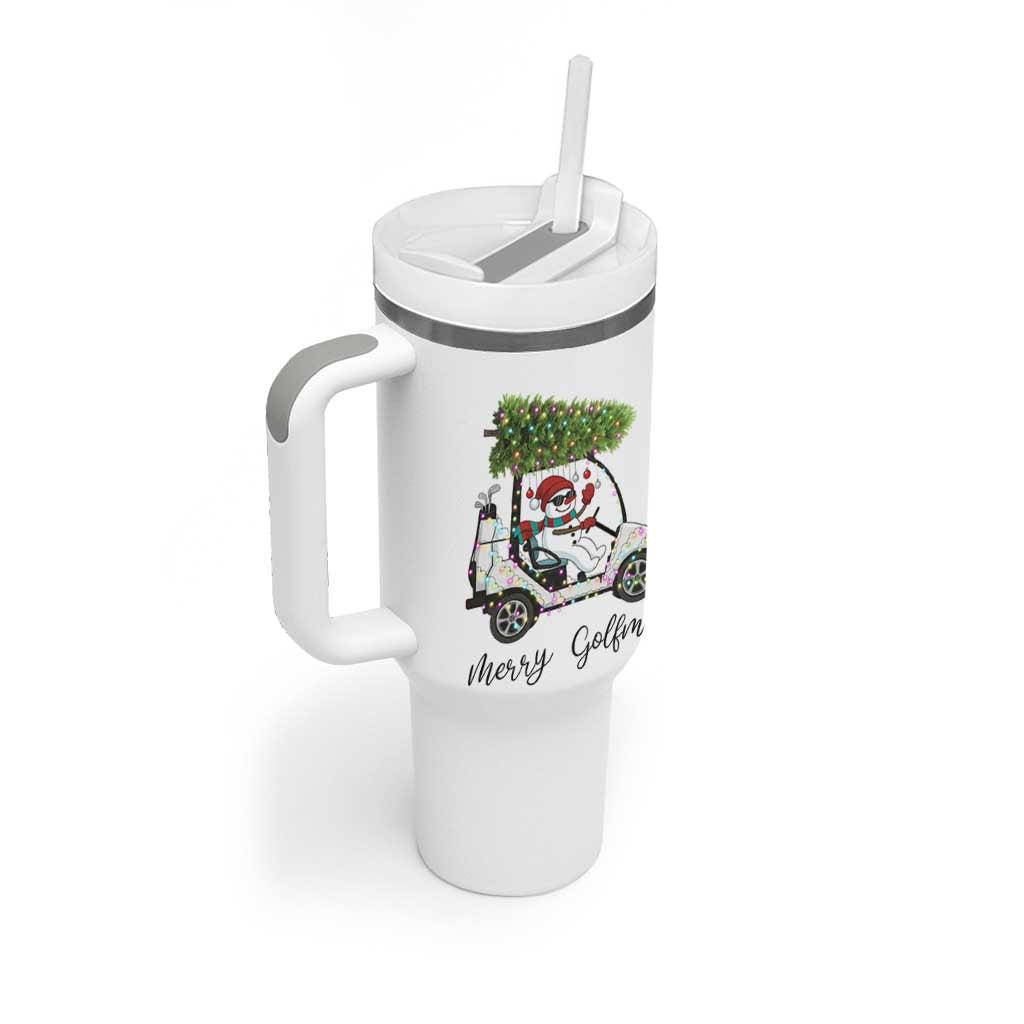 Funny Christmas Golf Tumbler With Handle Snowman Driving Golf Cart Merry Golfmas - Wonder Print Shop