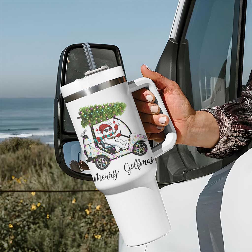 Funny Christmas Golf Tumbler With Handle Snowman Driving Golf Cart Merry Golfmas - Wonder Print Shop