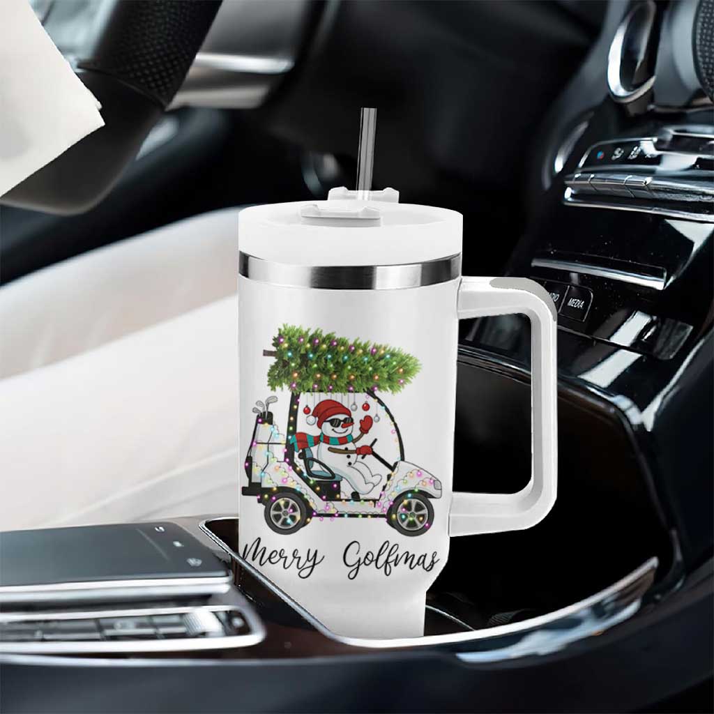 Funny Christmas Golf Tumbler With Handle Snowman Driving Golf Cart Merry Golfmas - Wonder Print Shop