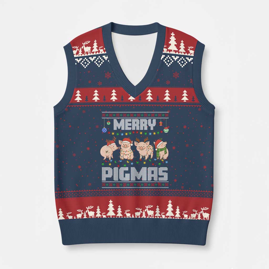 Funny Merry Pigmas V-Neck Knit Sweater Vest Xmas Pig Ugly Sweater Gift - Wonder Print Shop