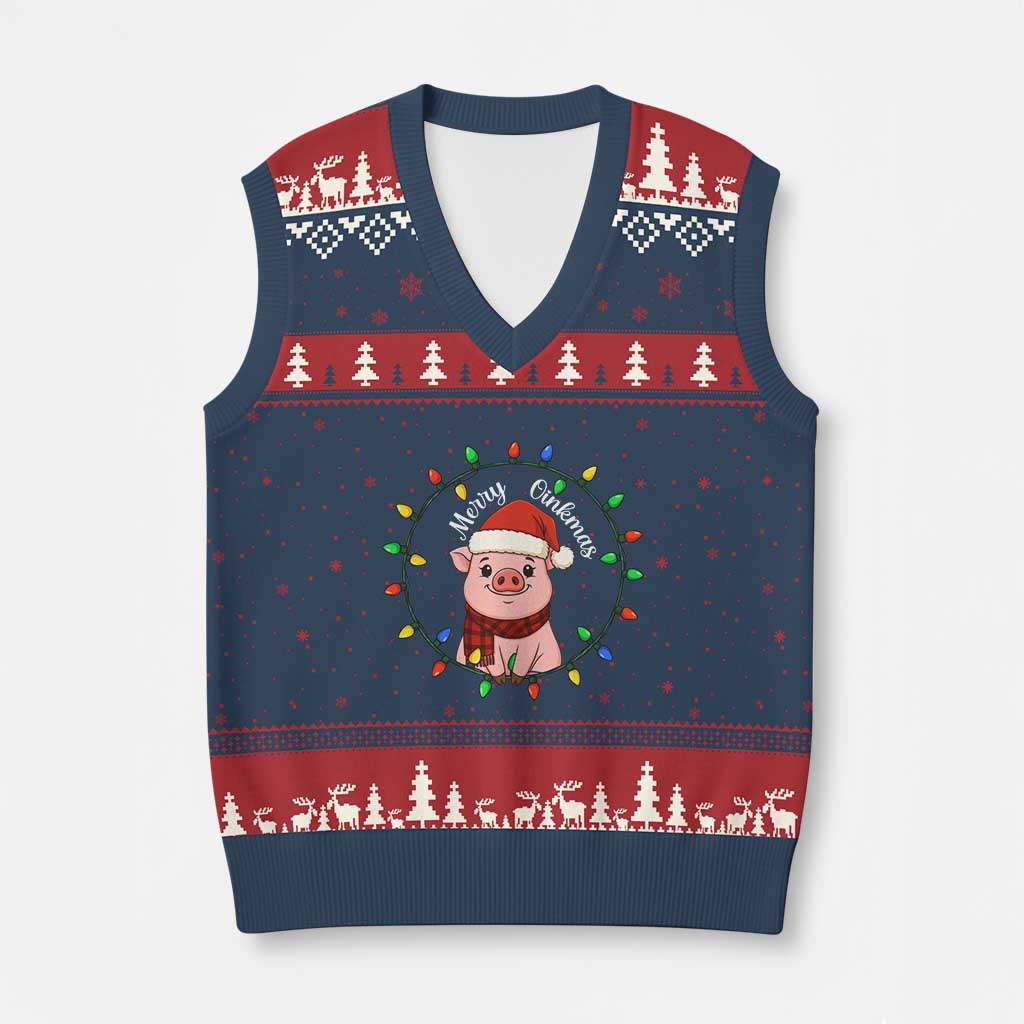 Funny Merry Oinkmas V-Neck Knit Sweater Vest Farmer Xmas Pig Lover Gift - Wonder Print Shop