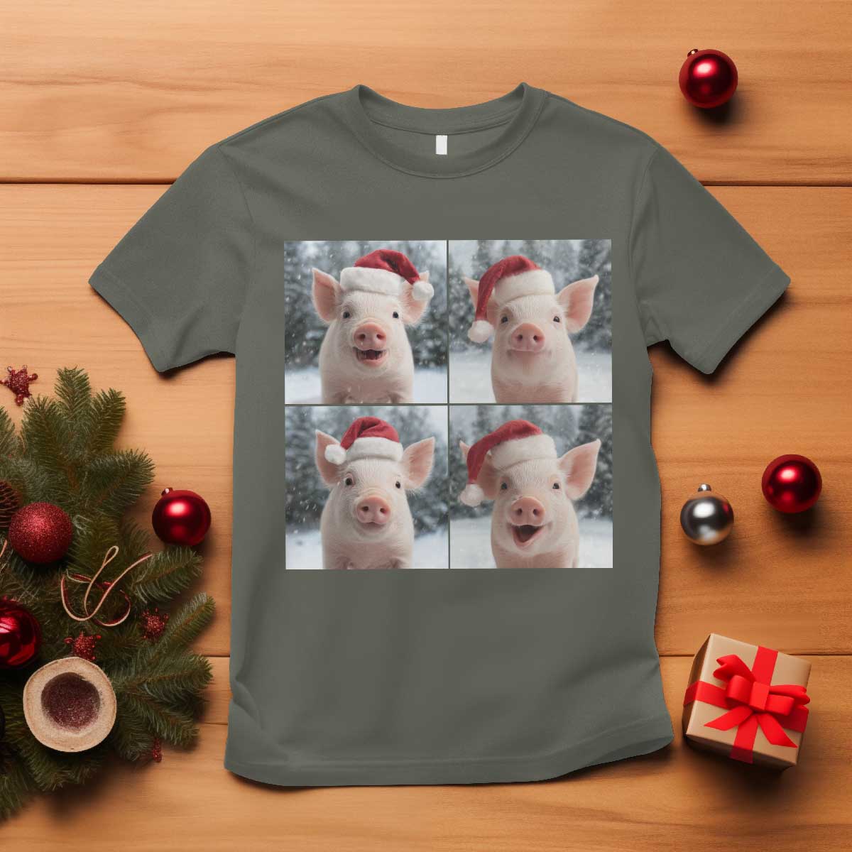 Funny Pig With Santa Hat Photobooth T Shirt Christmas Gift - Wonder Print Shop