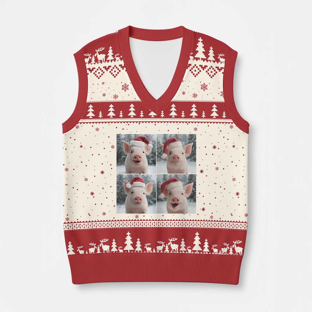 Funny Pig With Santa Hat Photobooth V-Neck Knit Sweater Vest Xmas Gift - Wonder Print Shop