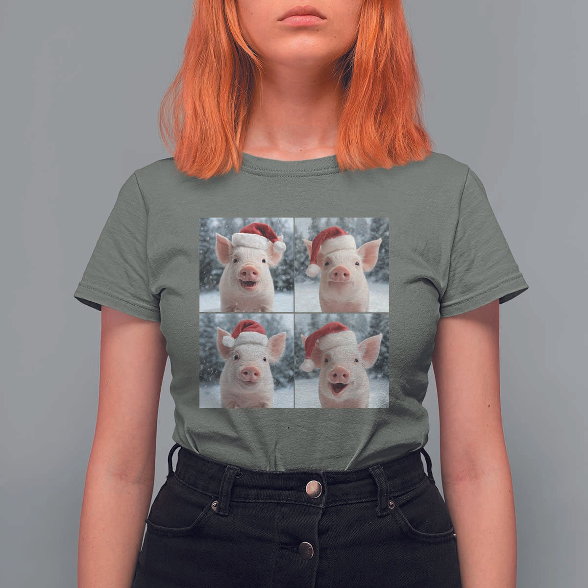 Funny Pig With Santa Hat Photobooth T Shirt For Women Christmas Gift - Wonder Print Shop
