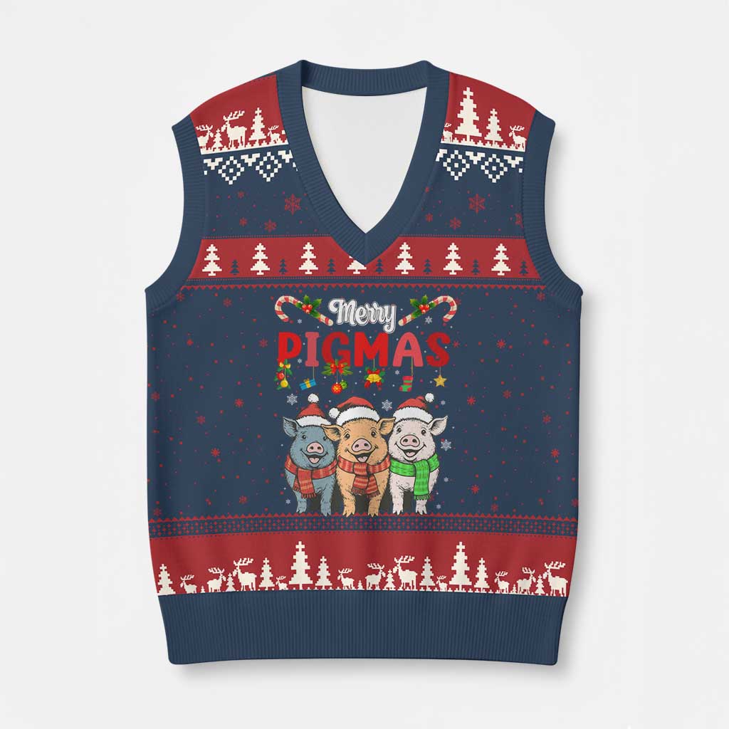 Funny Merry Pigmas V-Neck Knit Sweater Vest Xmas Pigs Farm Gift - Wonder Print Shop