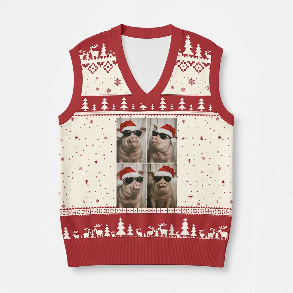 Cute Pig Xmas Selfie V-Neck Knit Sweater Vest Funny Holiday Photobooth Gift - Wonder Print Shop